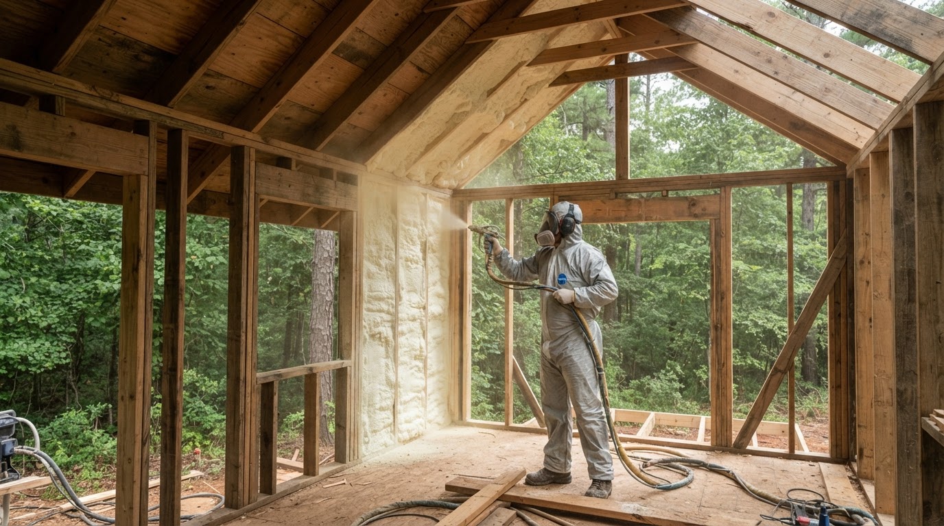 Spray foam insulation applied to the wall and roof framing of a small cabin under construction near Huntsville Alabama