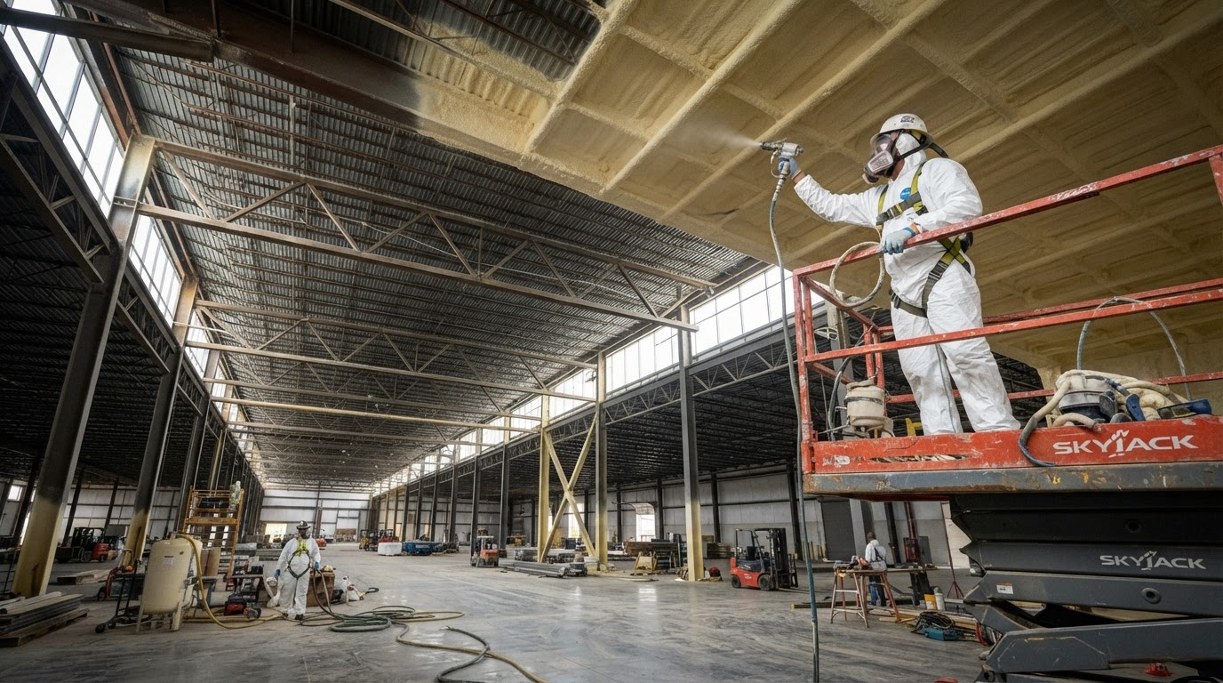 Installer applying spray foam insulation inside a large commercial warehouse interior near Huntsville Alabama