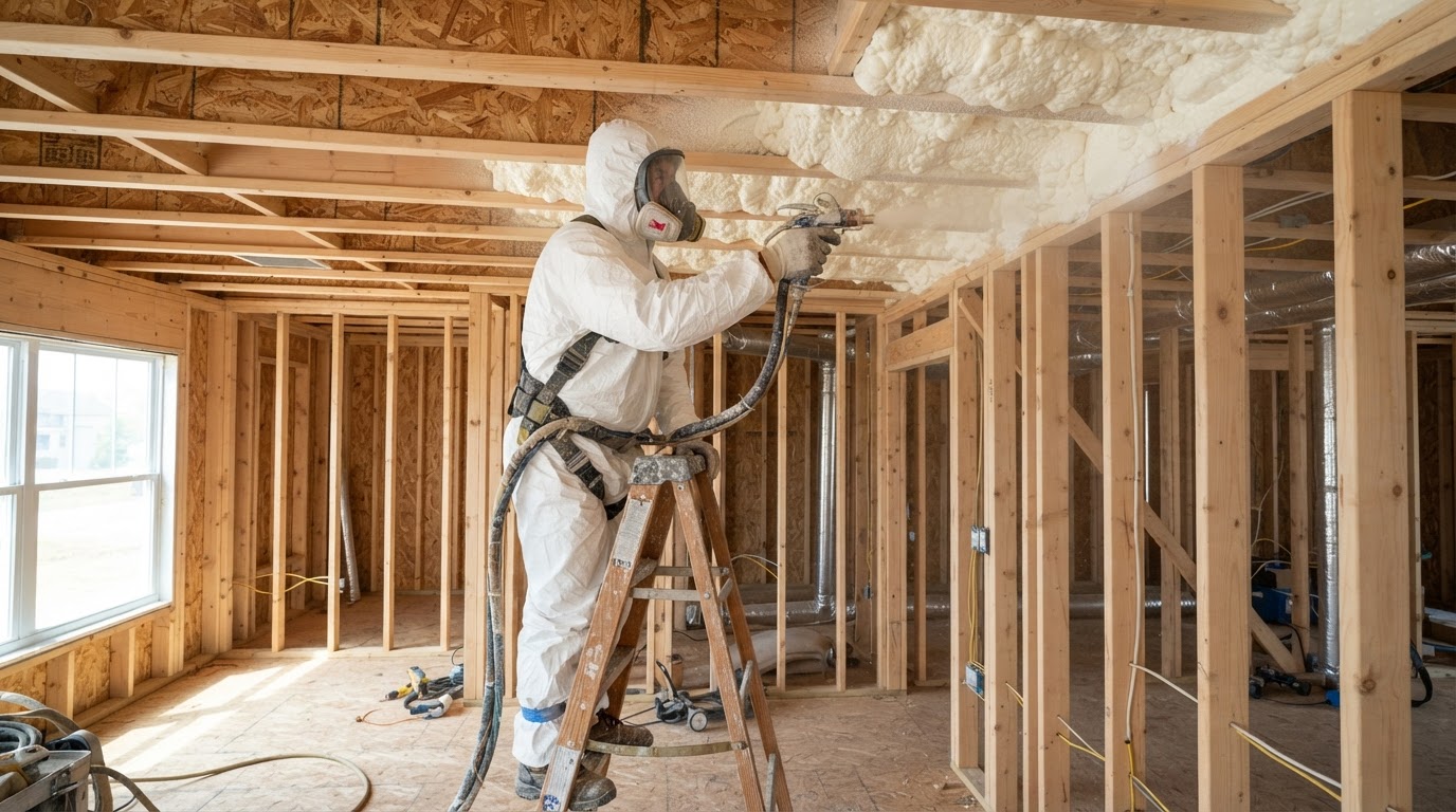 Spray foam insulation contractor applying polyurethane foam to building roof rafters in Huntsville AL