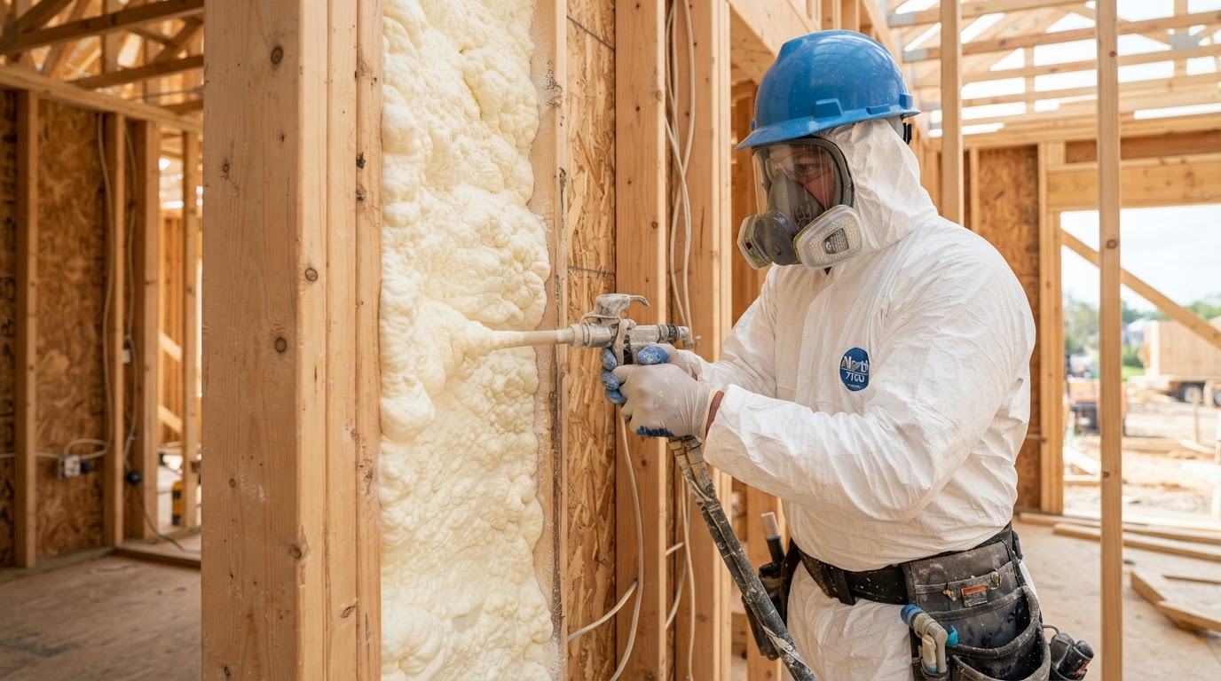 Spray foam insulation being sprayed into open wood wall studs of new construction framing near Huntsville Alabama