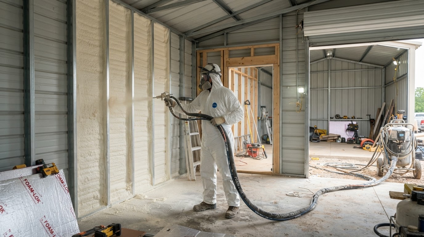 Installer applying spray foam insulation inside a detached metal storage building near Huntsville Alabama