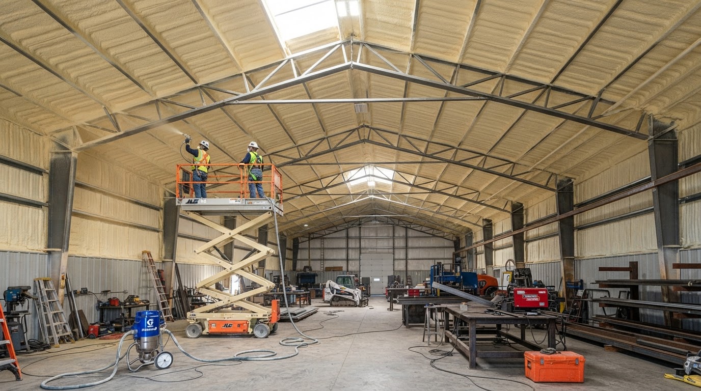 Spacious metal building workshop interior insulated with spray foam insulation near Huntsville AL