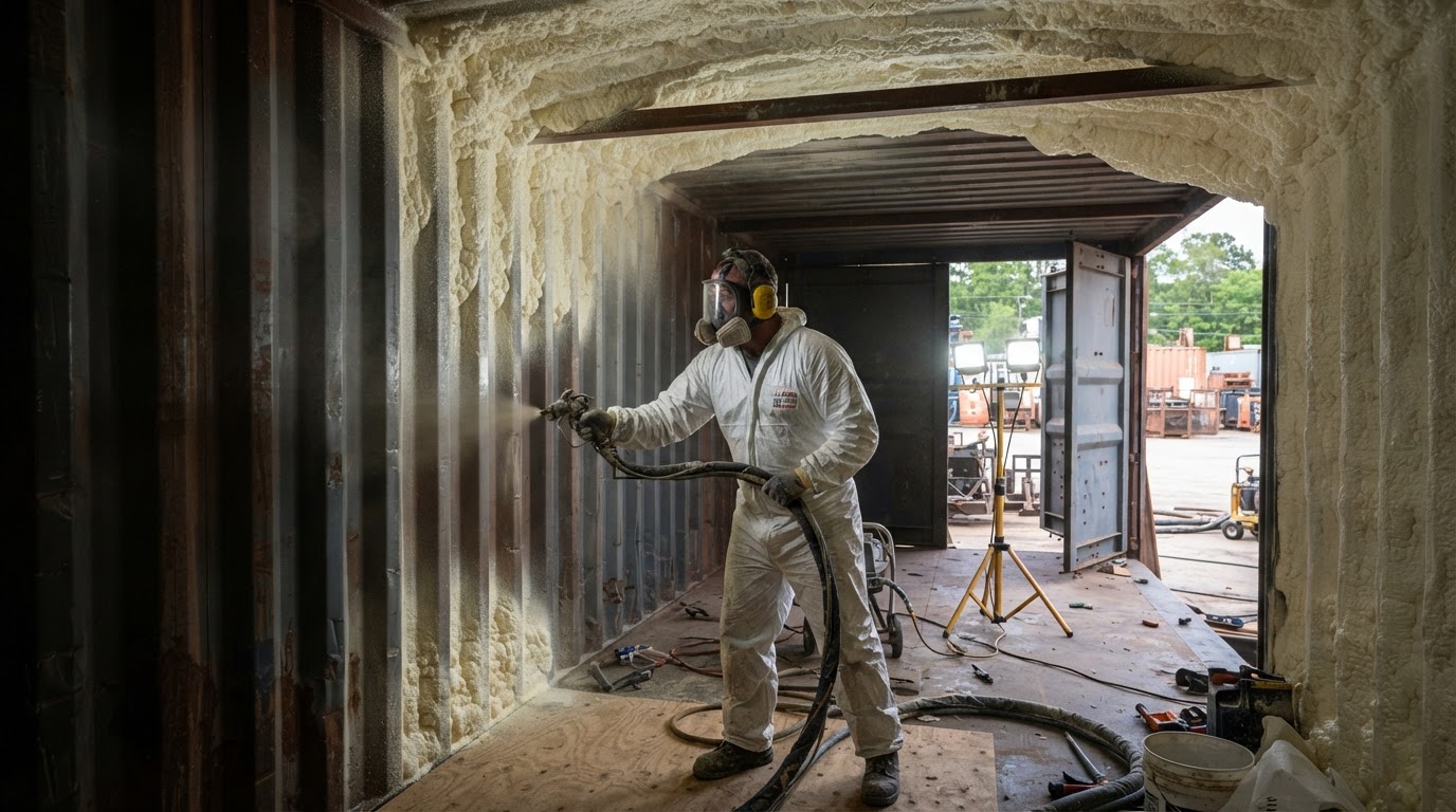 Closed-cell spray foam applied to the corrugated steel interior walls of a shipping container near Huntsville Alabama