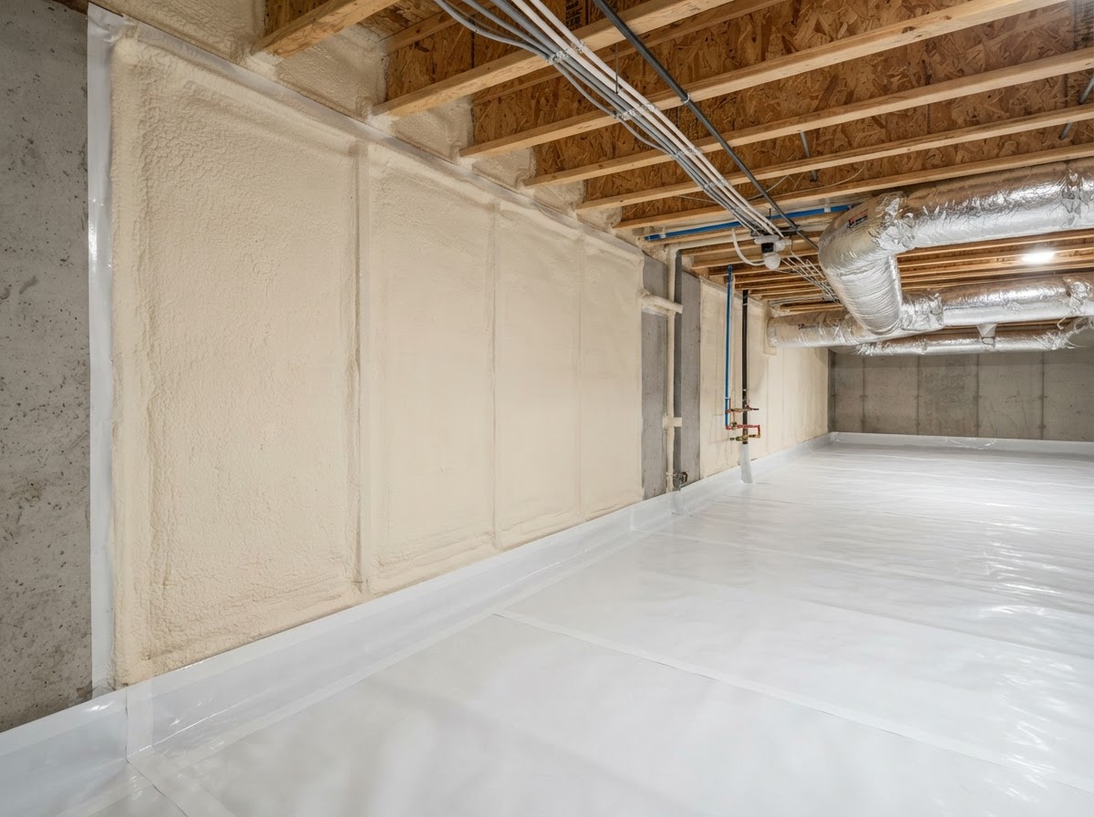Sealed foundation crawl space and perimeter walls insulated with closed-cell spray foam insulation