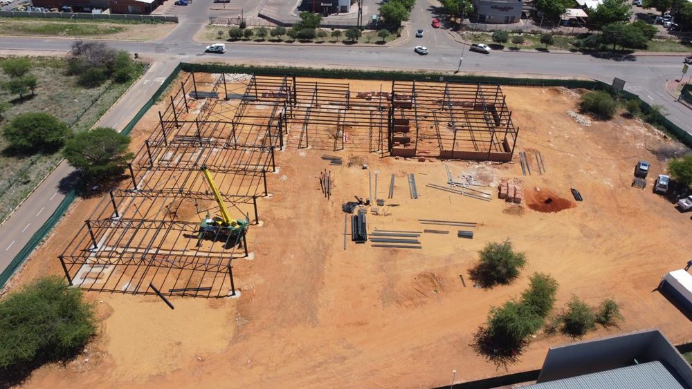 Aerial view of steel frames on the Kathu dealership site