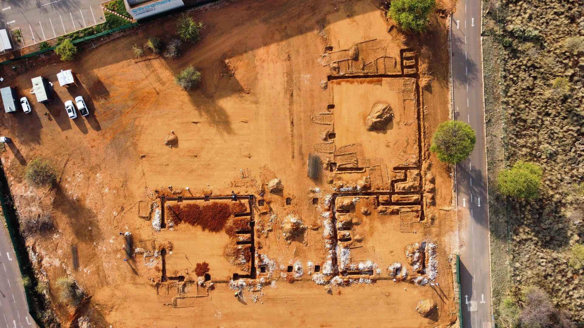 Overhead aerial of foundations set out at the Kathu site