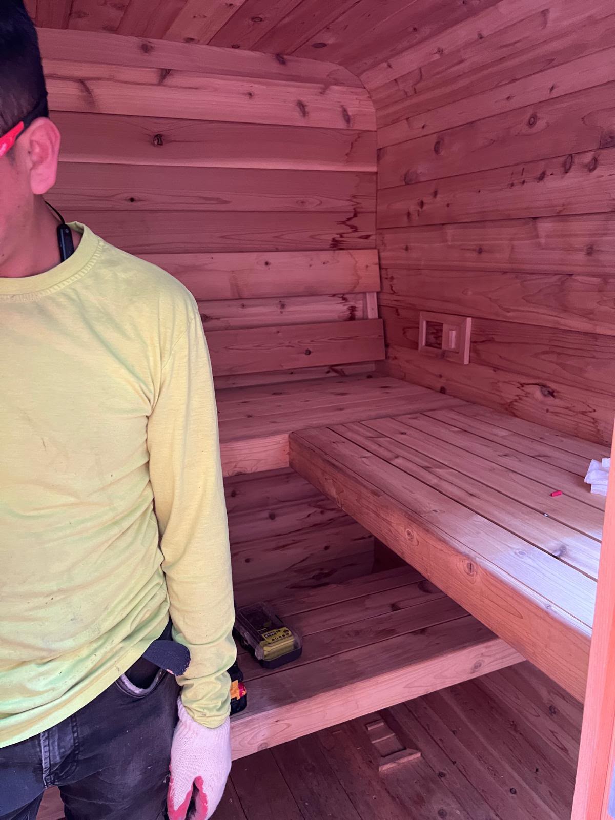 Custom tongue-and-groove cedar sauna and built-in bench construction by LQJ General Construction in Smithtown NY
