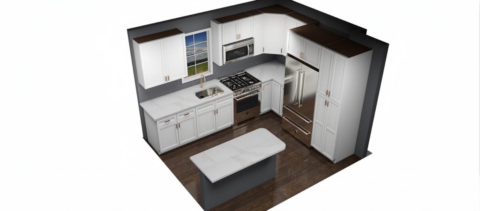 3D architectural render of custom white shaker kitchen cabinets with quartz waterfall island by LQJ General Construction