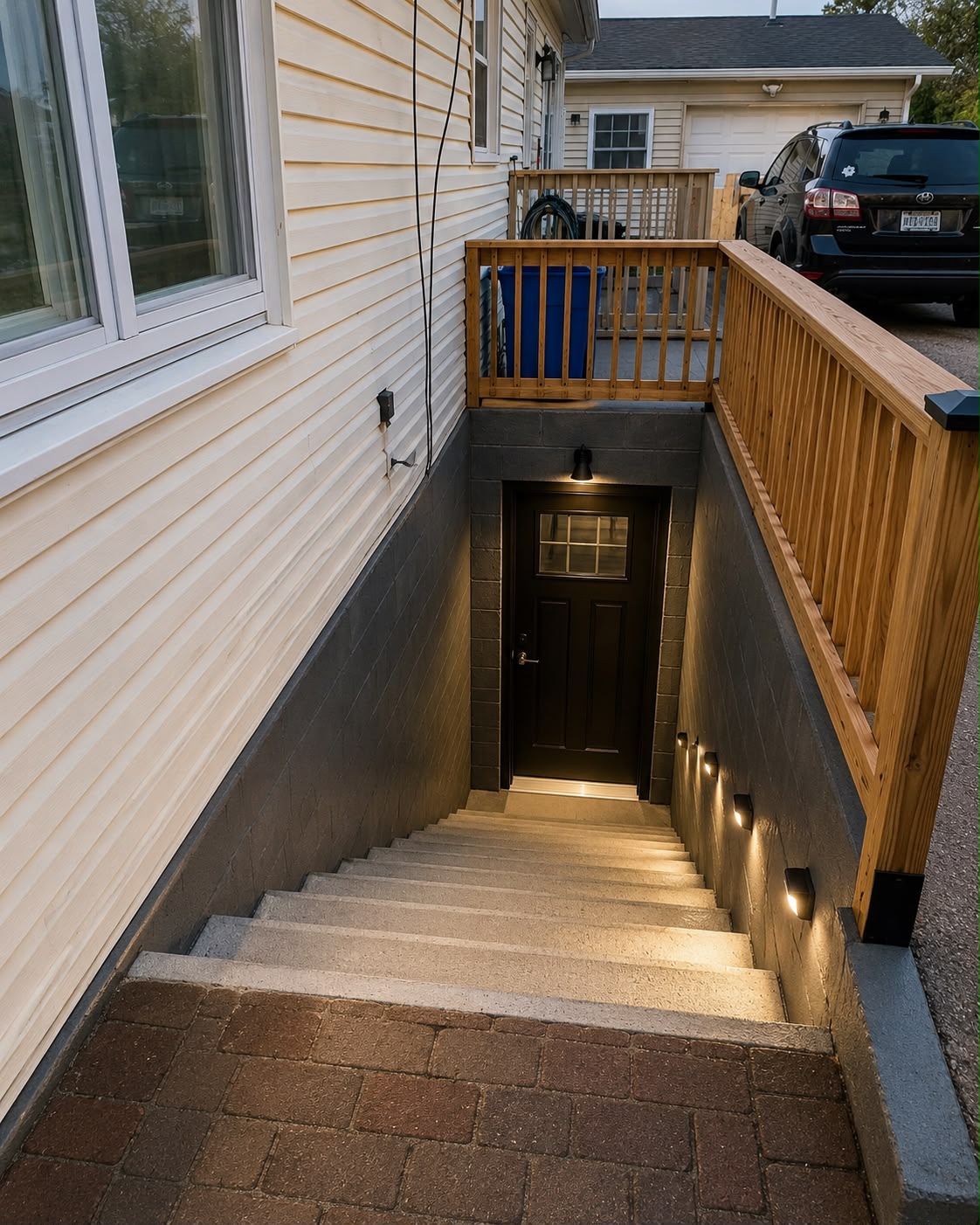 Finished exterior basement entrance with poured concrete stairs, warm LED wall sconces, and cedar safety railings by LQJ General Construction in Central Islip NY