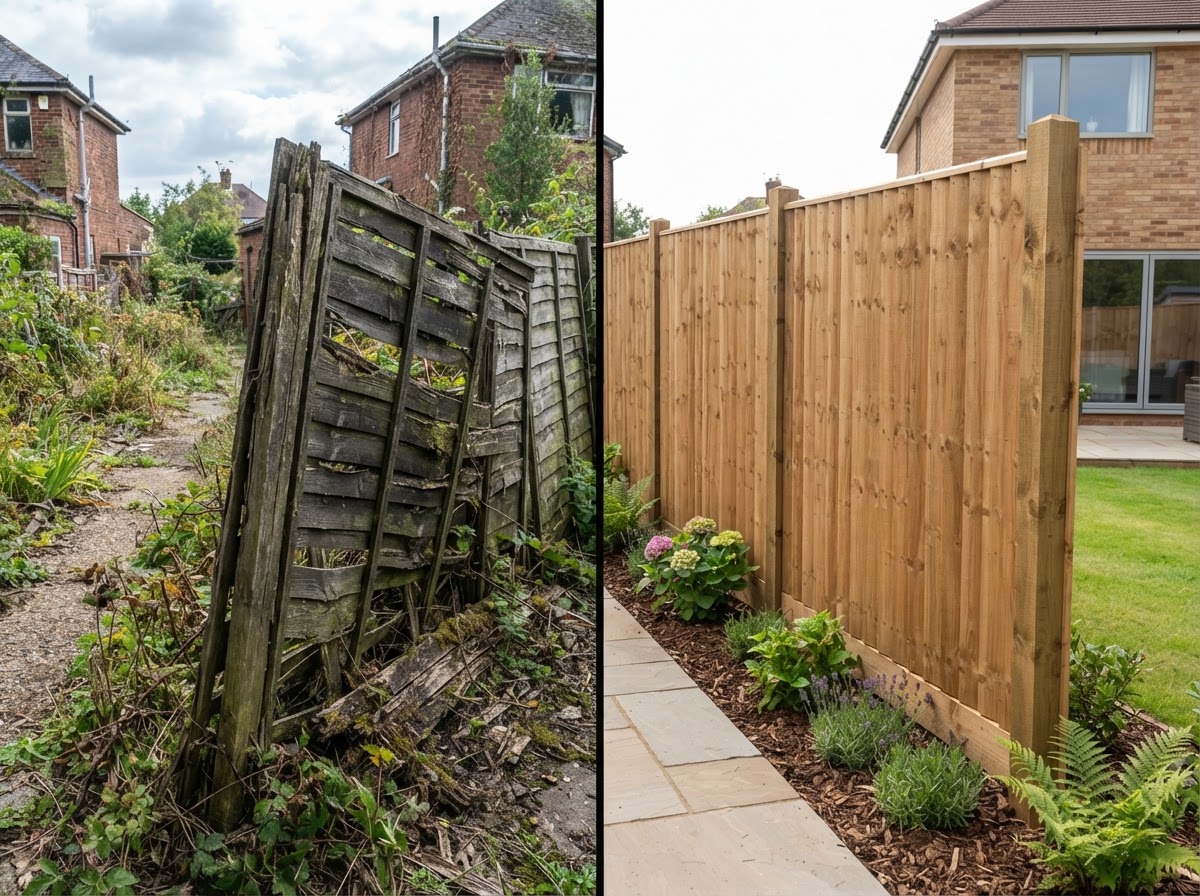 Fence before and after showing old broken panels replaced with new timber fencing