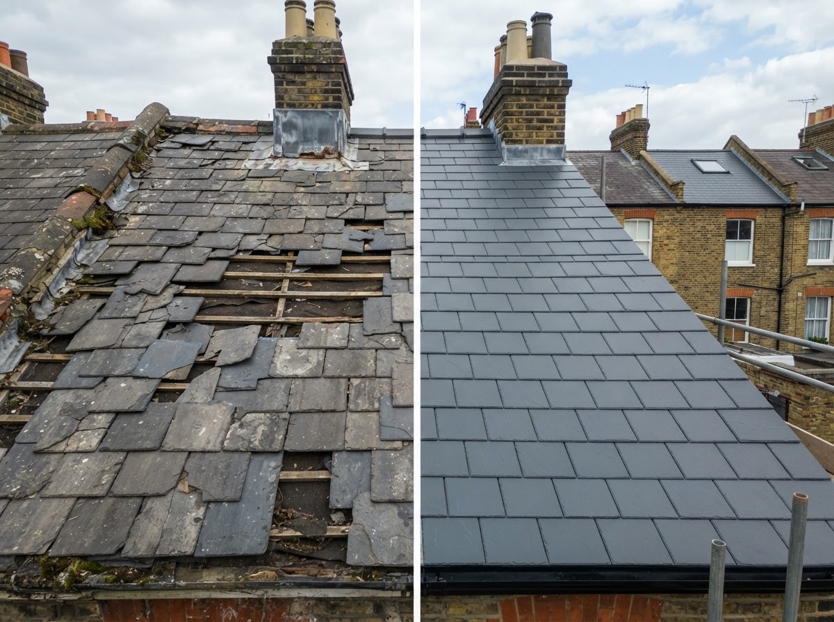 Roof repair before and after — damaged tiles replaced with new matching slates