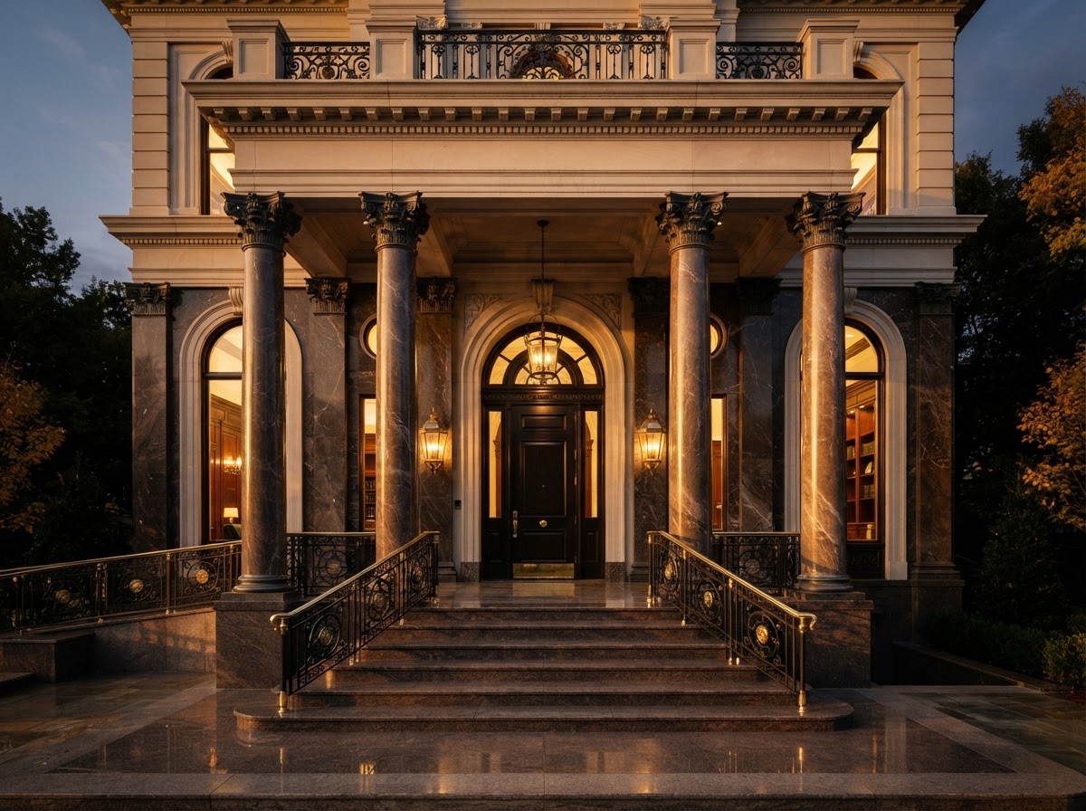 Grand law office entrance with marble columns at golden hour