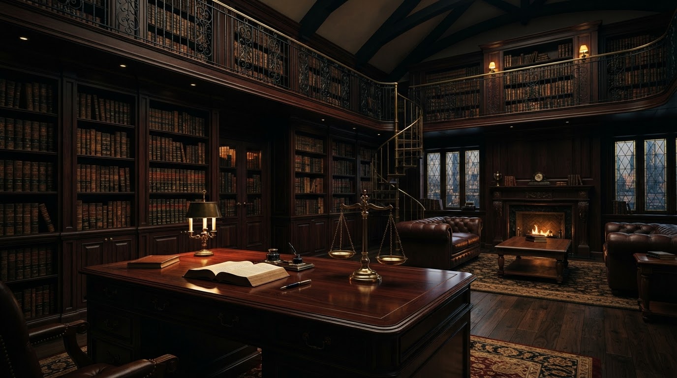 Stately law library with brass scales of justice