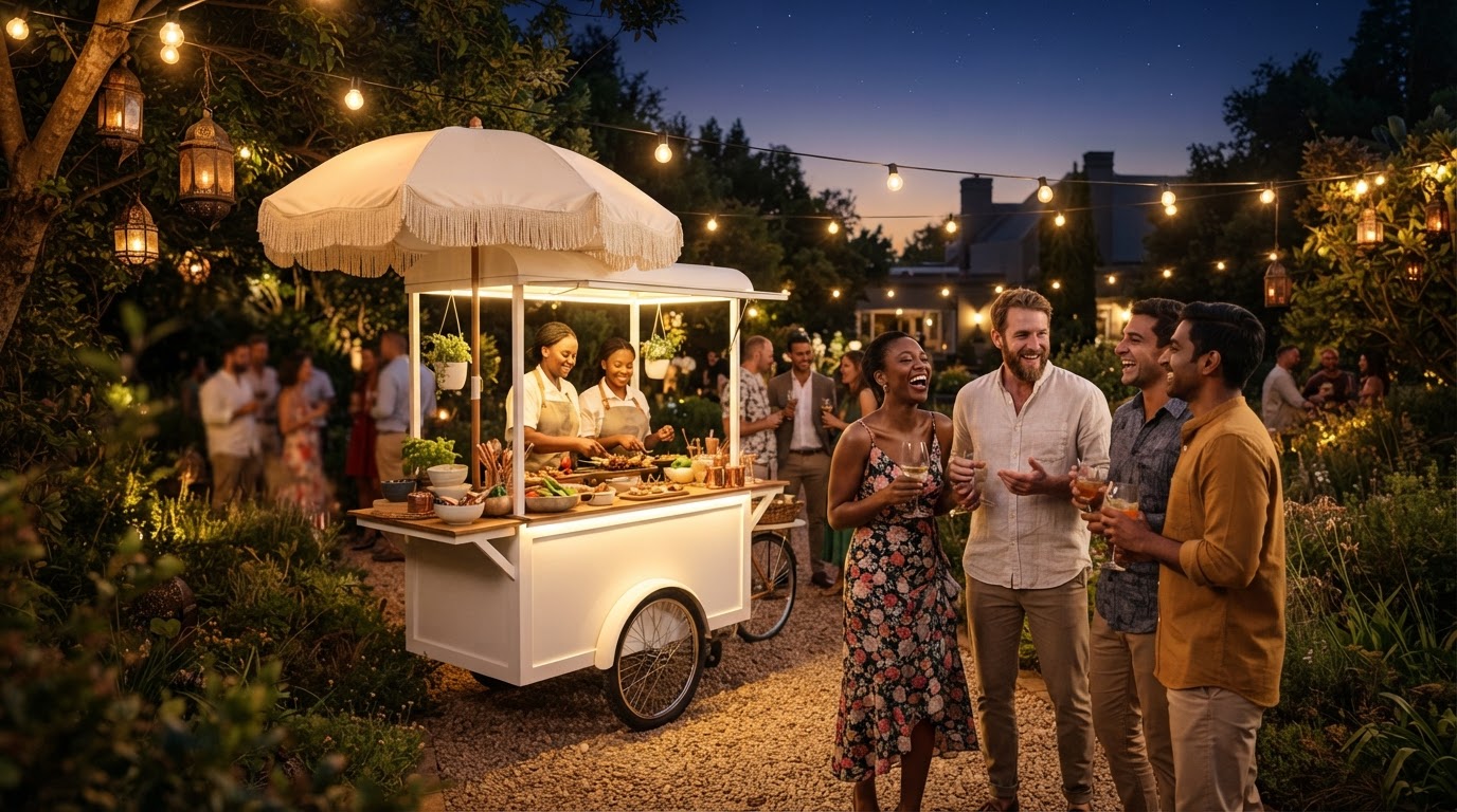Warm private garden celebration with guests gathered around the Nibble & Nest cart at dusk