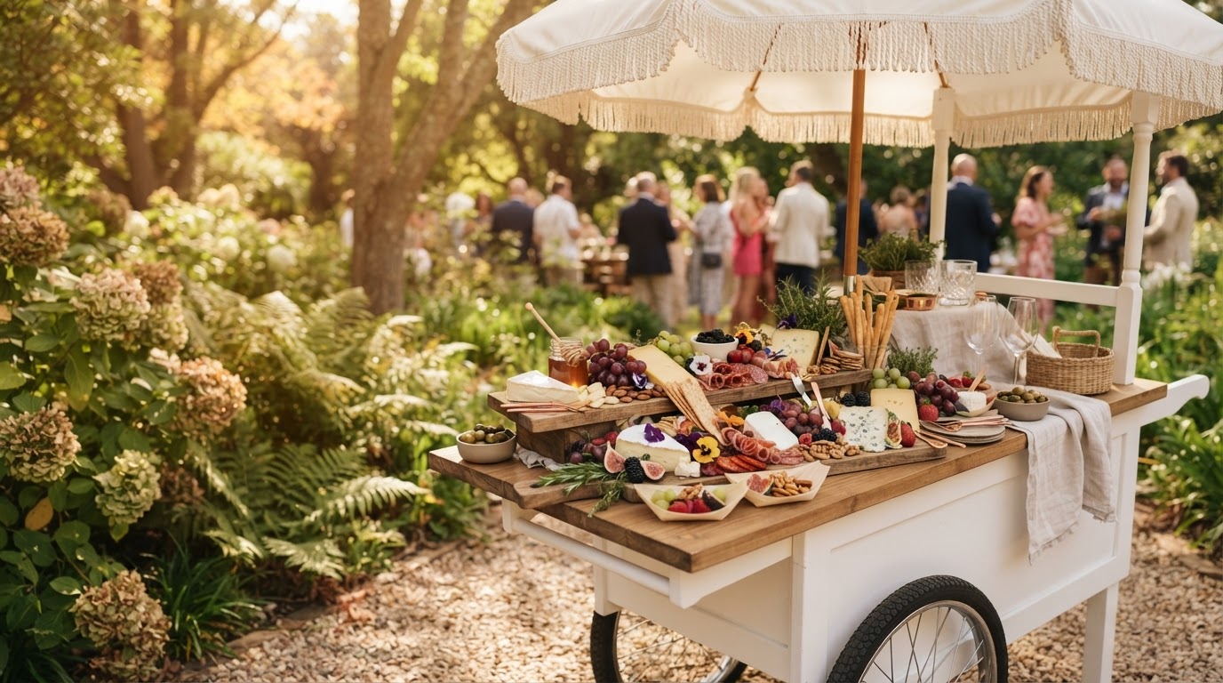 Styled charcuterie grazing spread on the Nibble & Nest cart