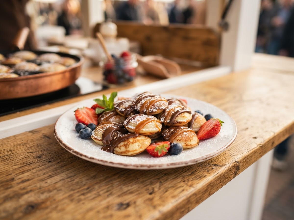 Warm mini pancakes with drizzle and berries