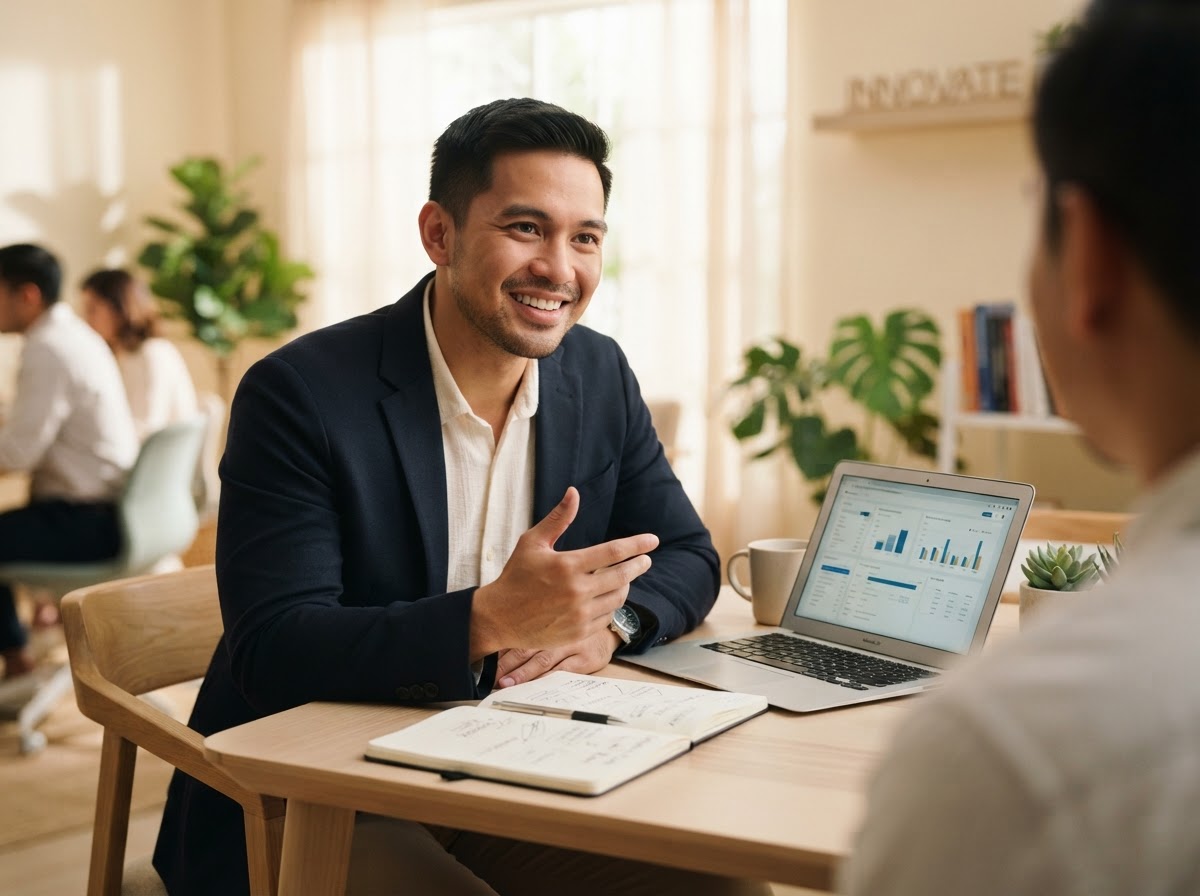 Josh Valdez in conversation with a client about financial planning