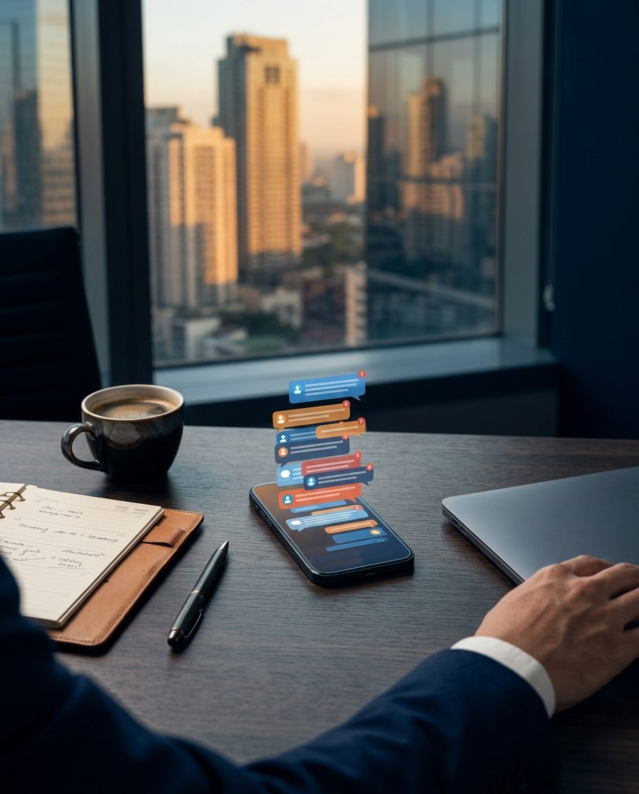 City view with leads notification over phone on desk
