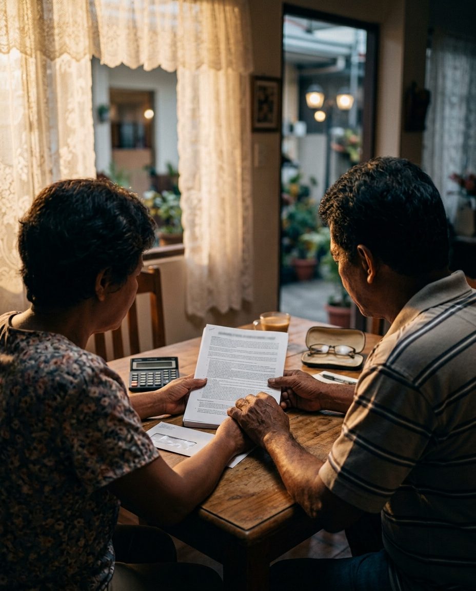 Couple reading policy documents at table