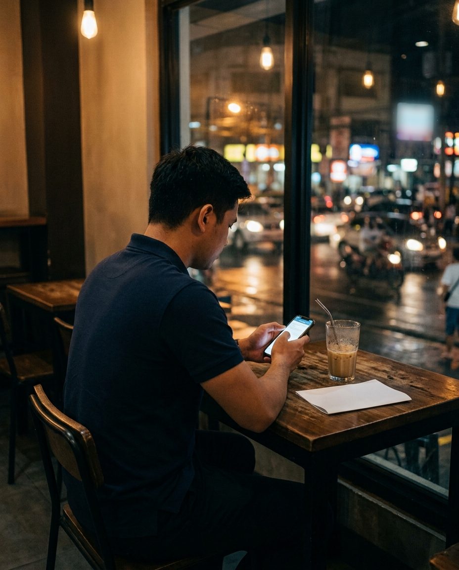 Candidate waiting on mobile phone in a café