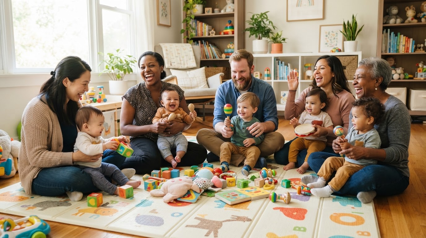 Parents and happy toddlers playing together