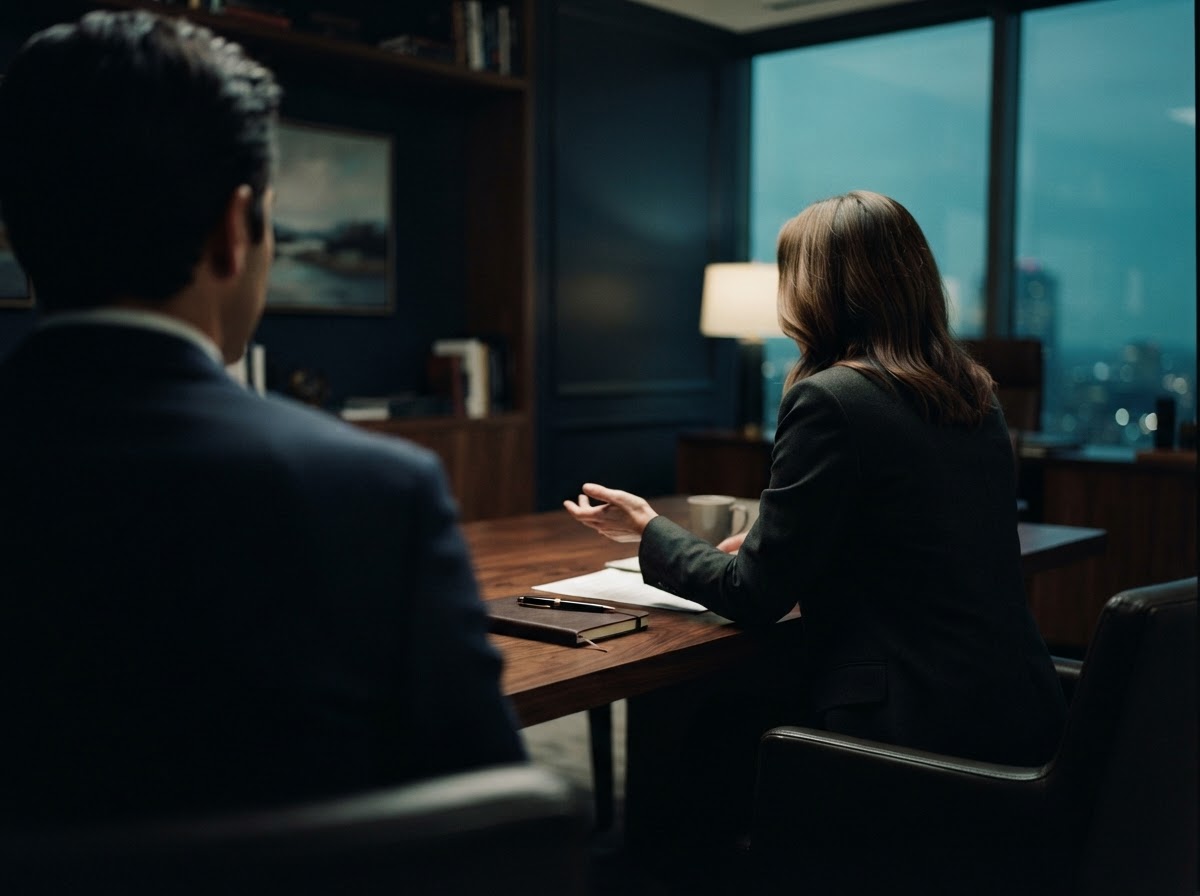 A considered advisory conversation across a quiet table.