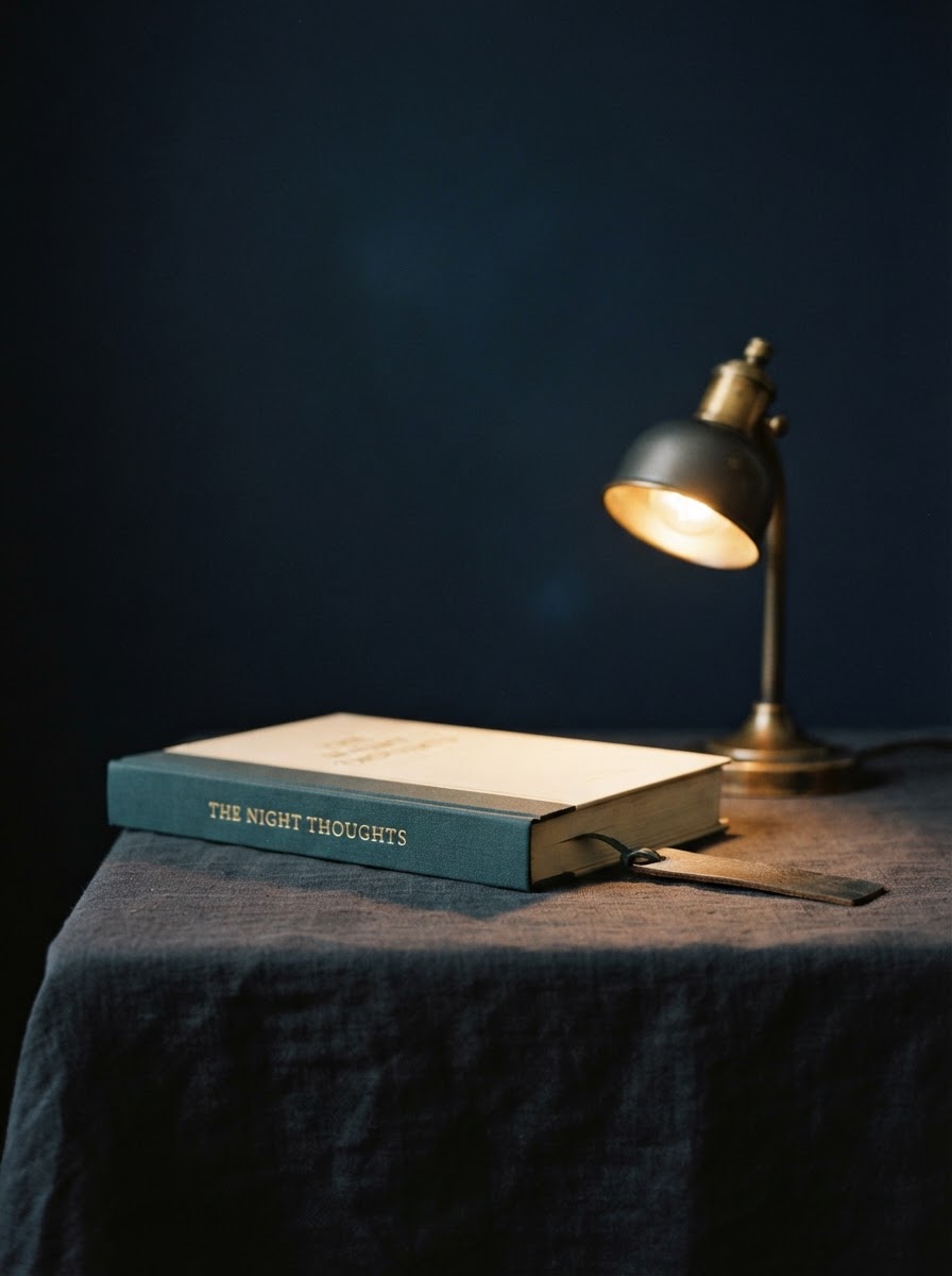 A hardcover book in a pool of warm light — considered, calm.