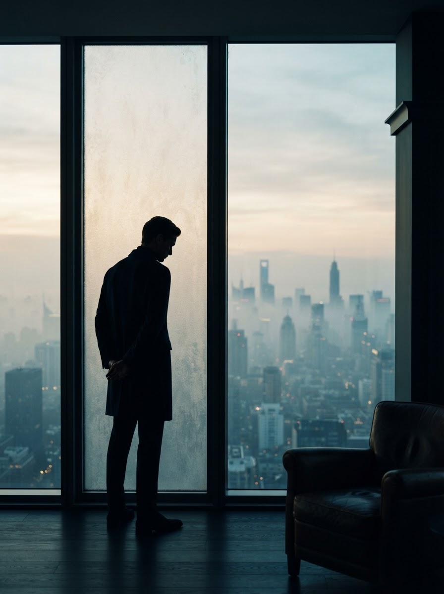 A figure looking out over a calm city at dawn, considering the business ahead.