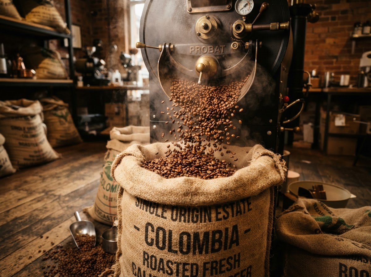 Freshly roasted coffee beans spilling from a roaster drum into a burlap sack