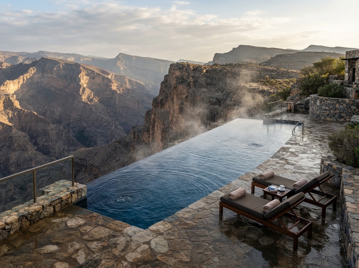 Outdoor swimming pool with mountain views at Jebel Shams Resort