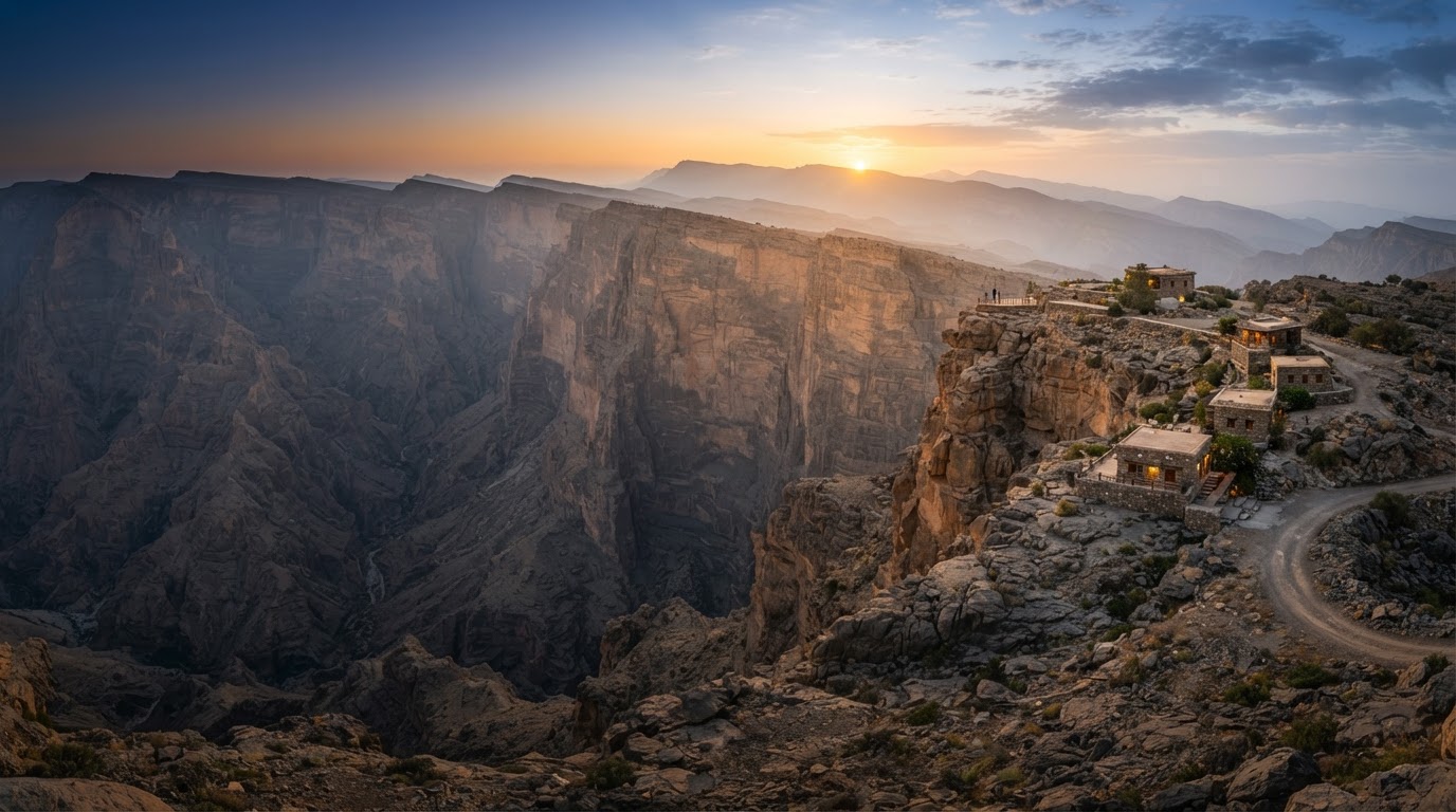 The Oman Grand Canyon at dawn from Jebel Shams