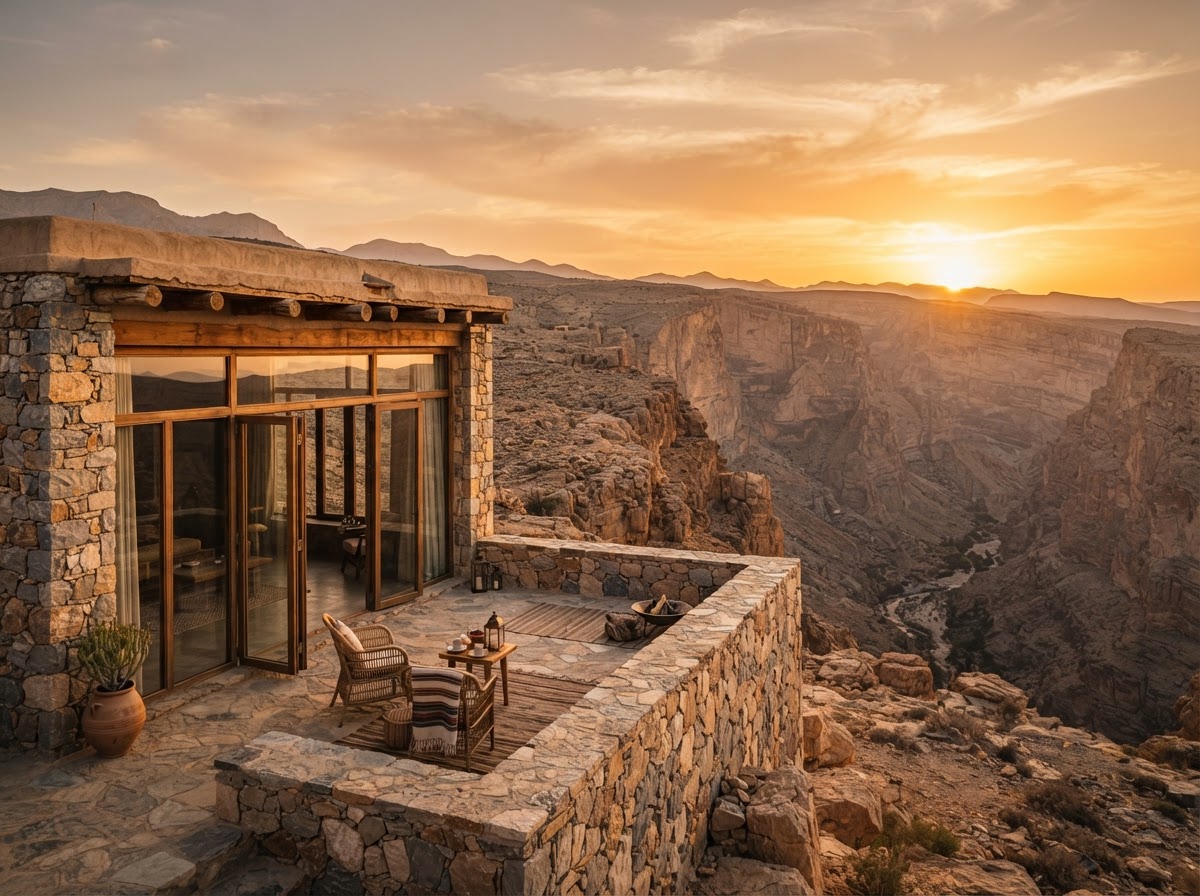 Chalet terrace overlooking the canyon at dusk