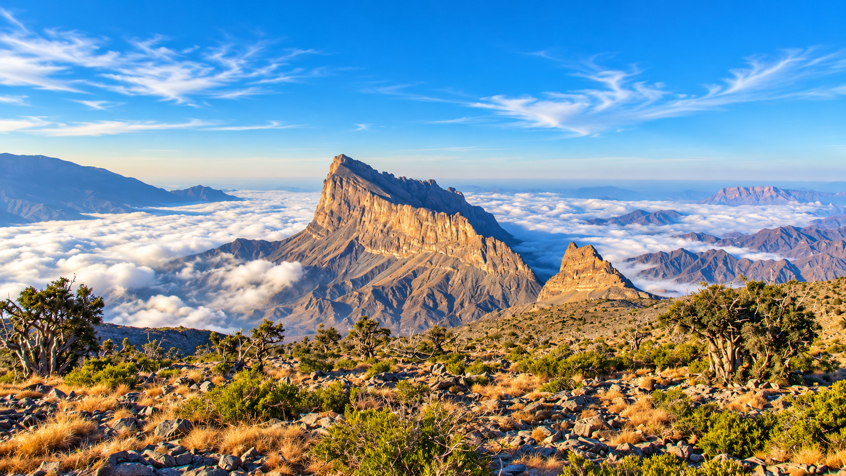 Majestic Jebel Shams peak rising above sea of clouds with Juniper trees in foreground
