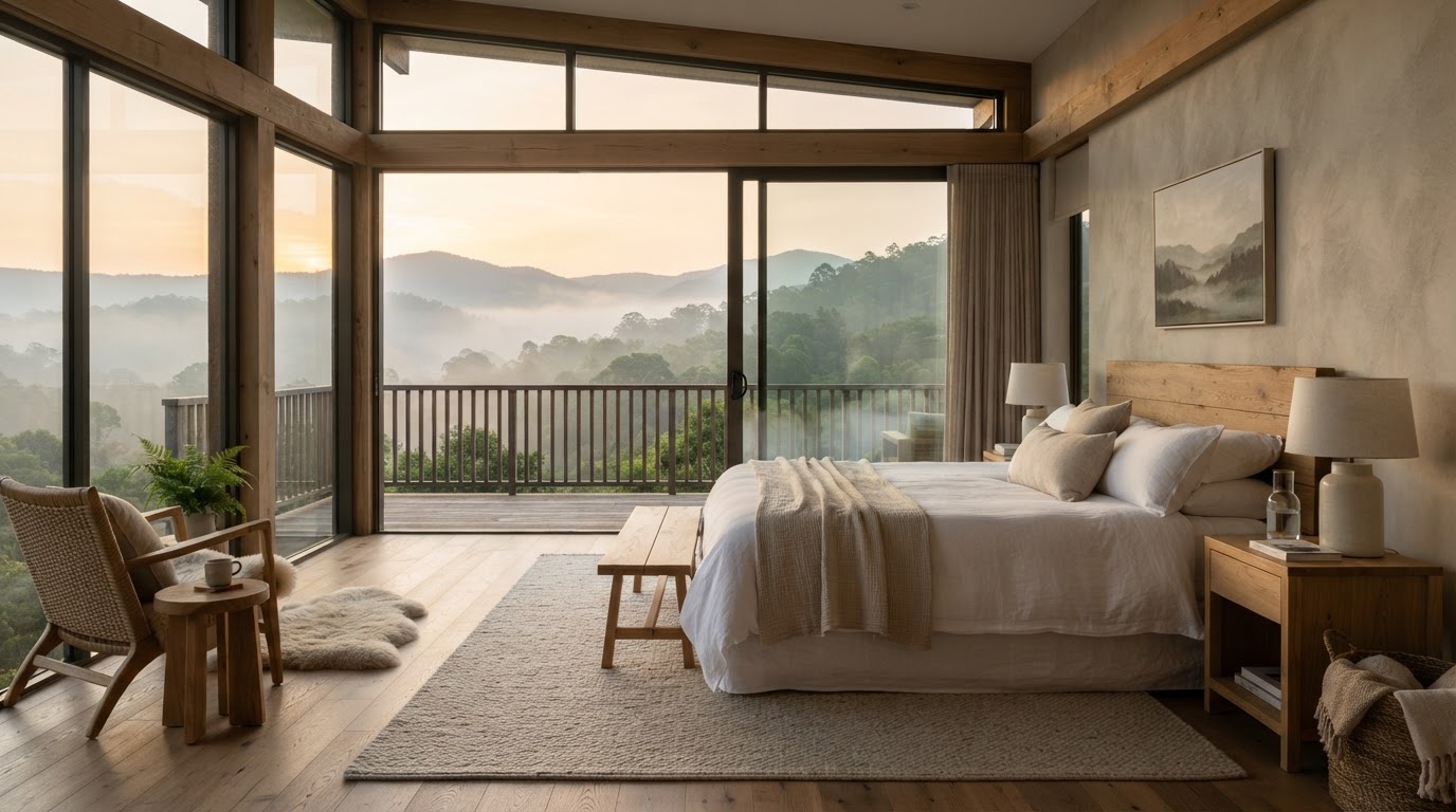 Luxury retreat accommodation with floor-to-ceiling glass looking out to green misty hills