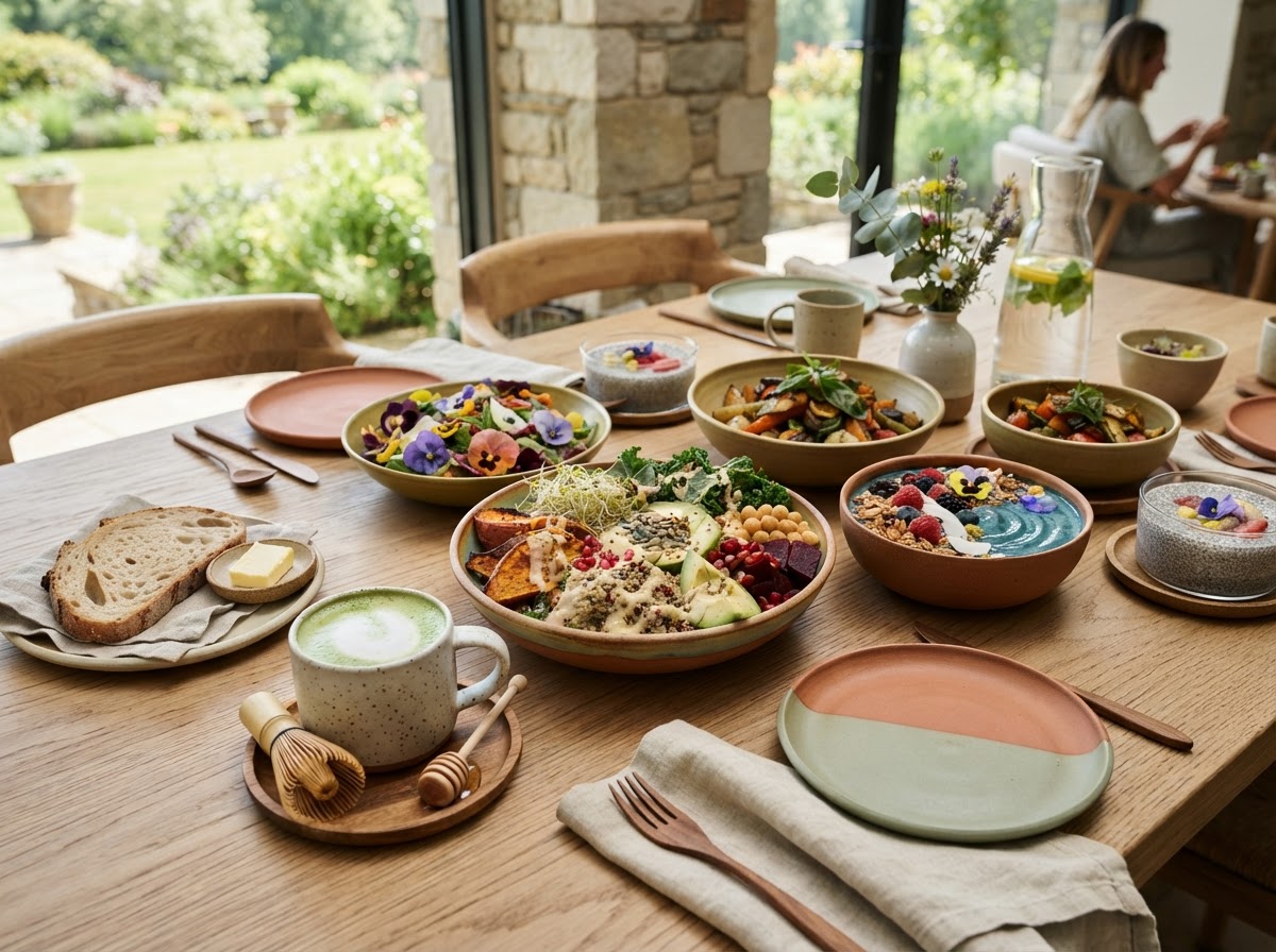 Wholesome colorful retreat dining with fresh organic ingredients and artisan ceramics