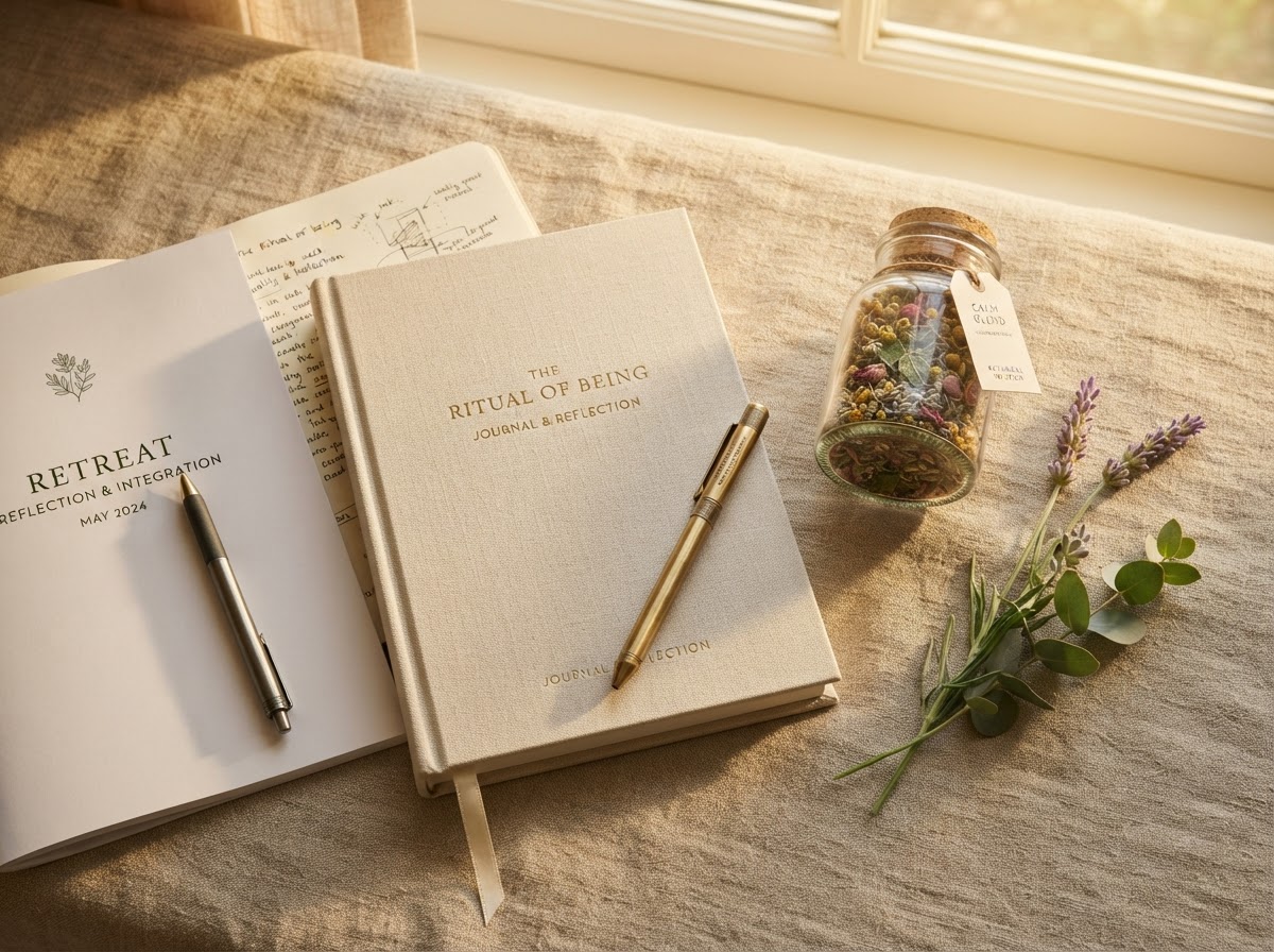 Linen retreat journal, brass pen, workbook, and botanical tea blend