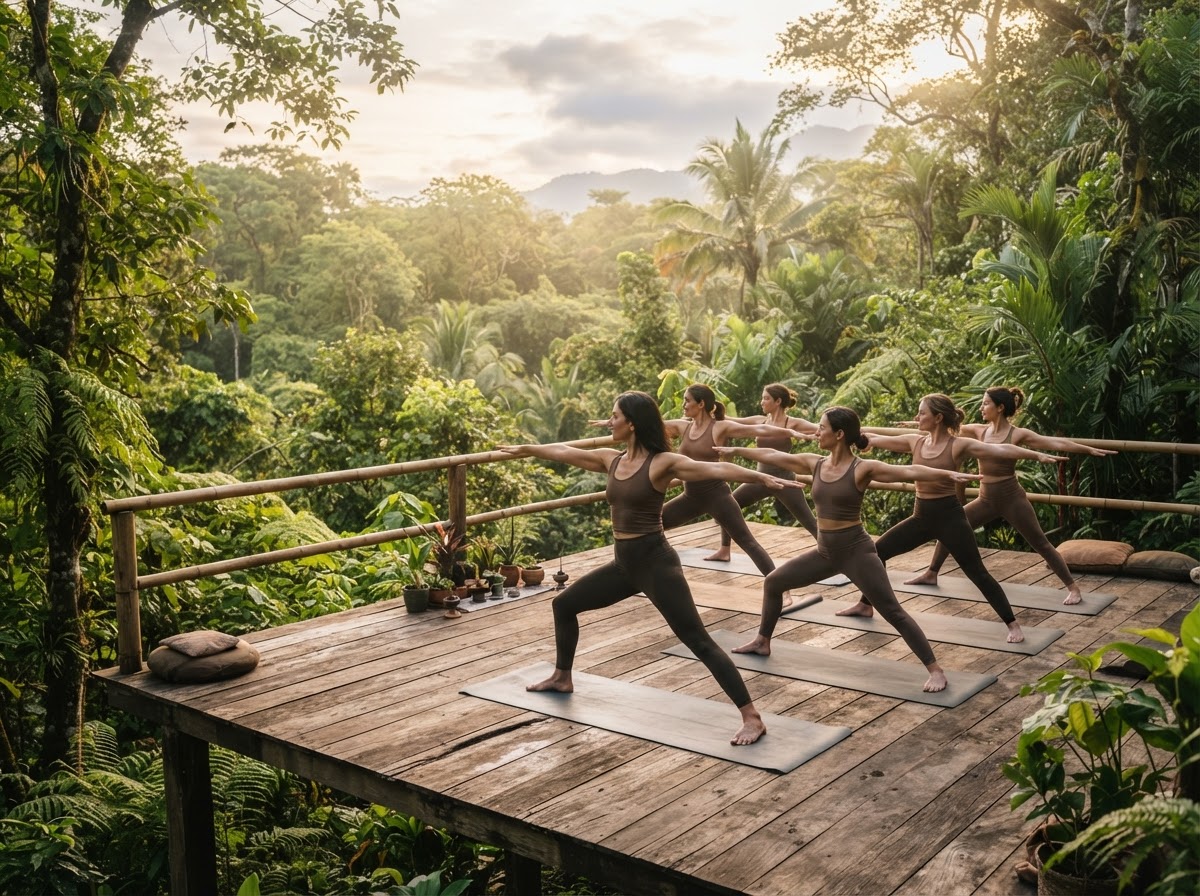 Women practicing morning yoga on a private deck surrounded by rainforest
