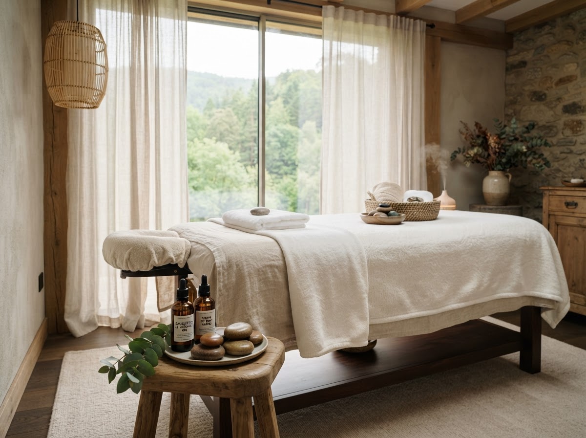 Serene spa massage setting with natural river stones, eucalyptus, and warm ambient light