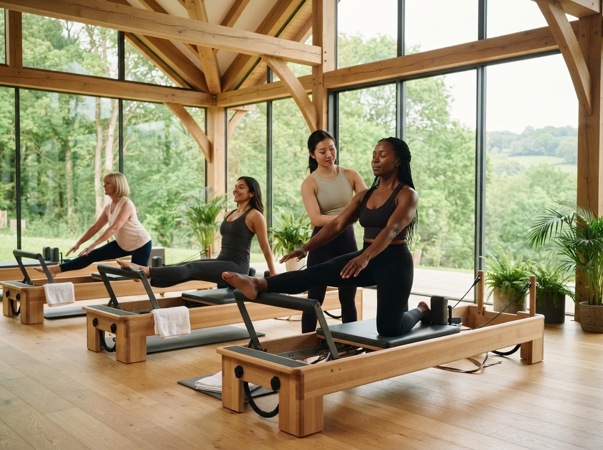 Mindful Pilates stretching in a bright, sunlit timber studio