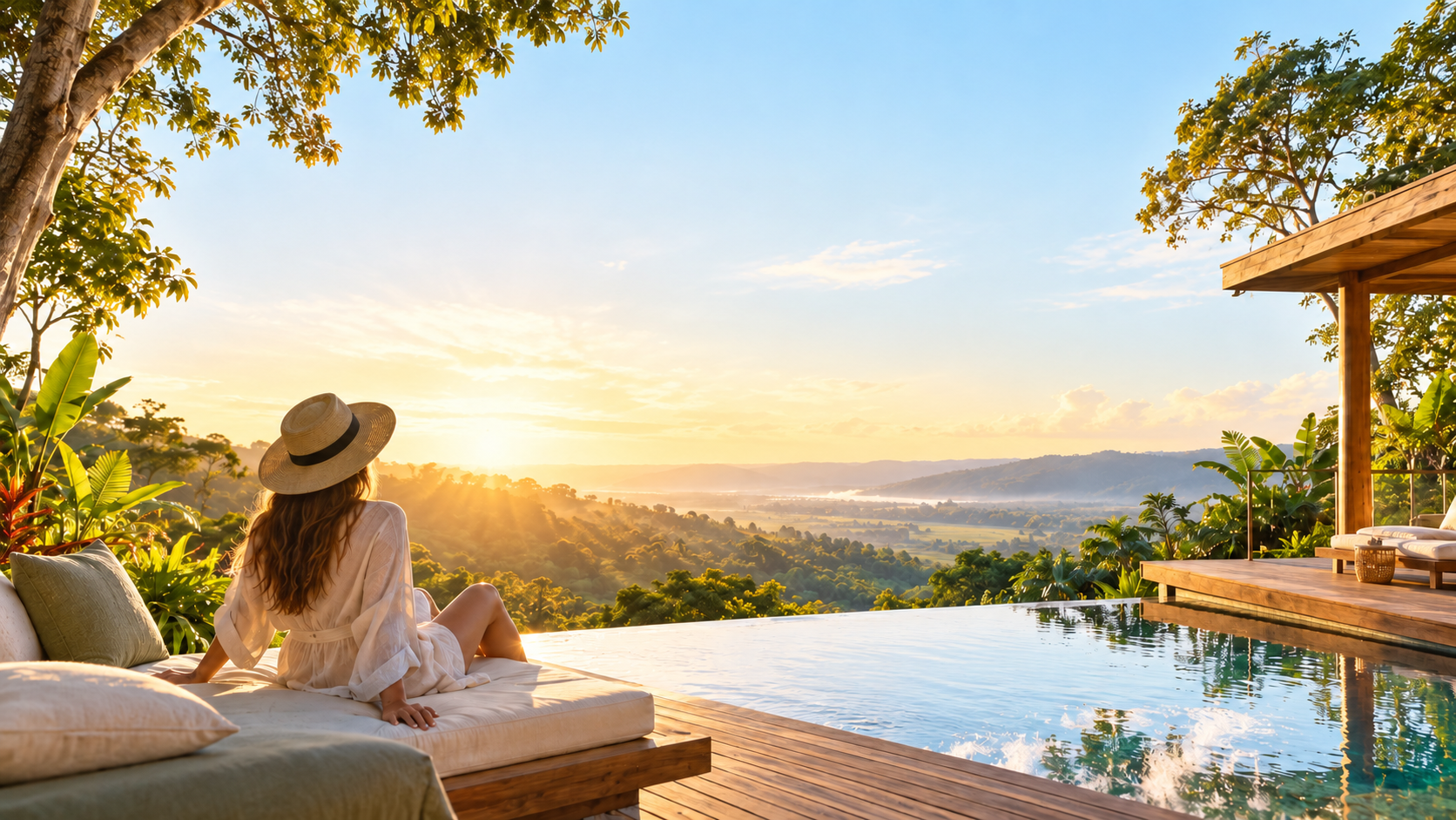 The Reset Retreat: woman relaxing by an infinity pool overlooking a sunlit misty valley and pavilion