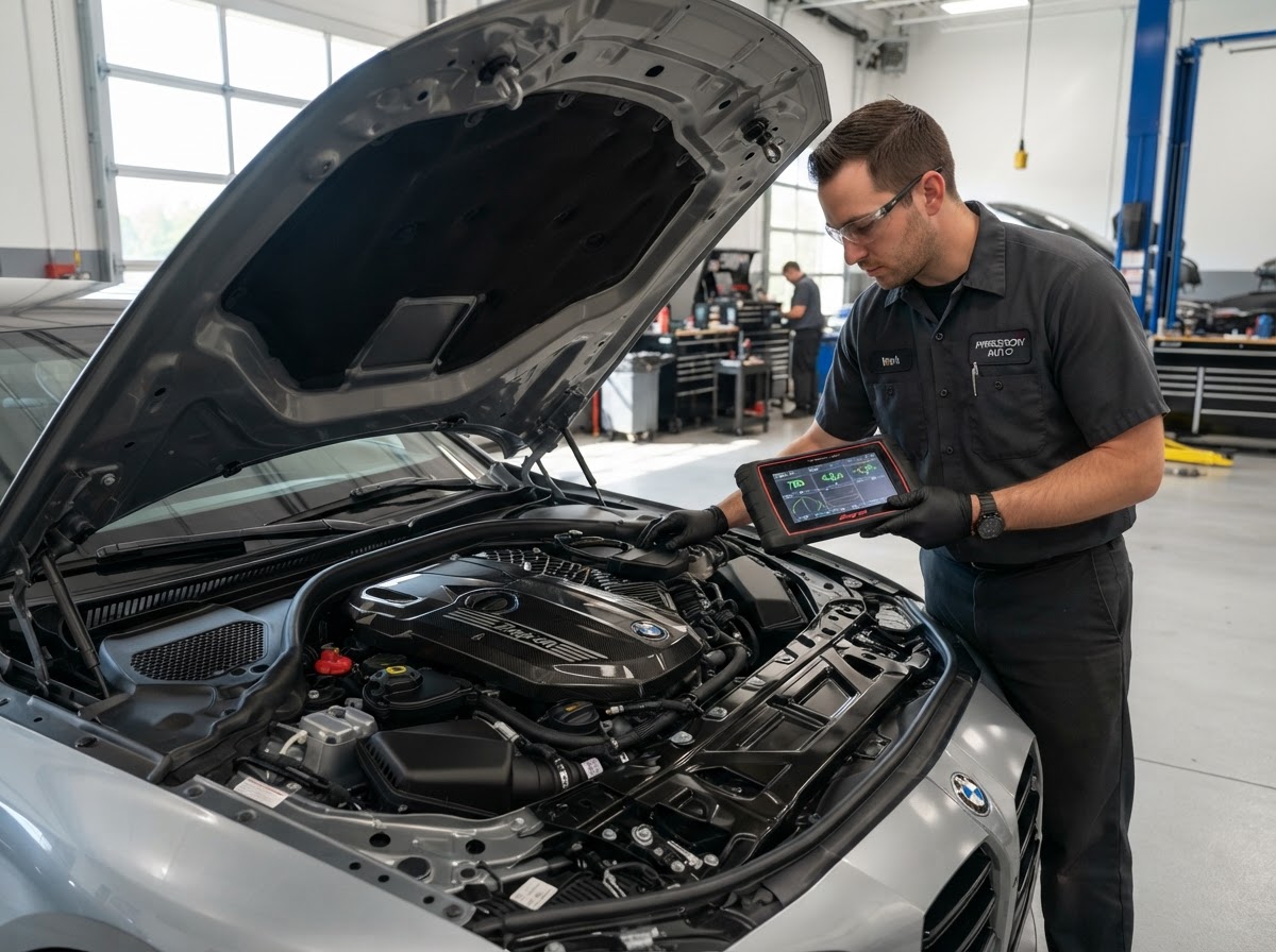 Mechanic performing drivability testing on a running car engine in Temple City