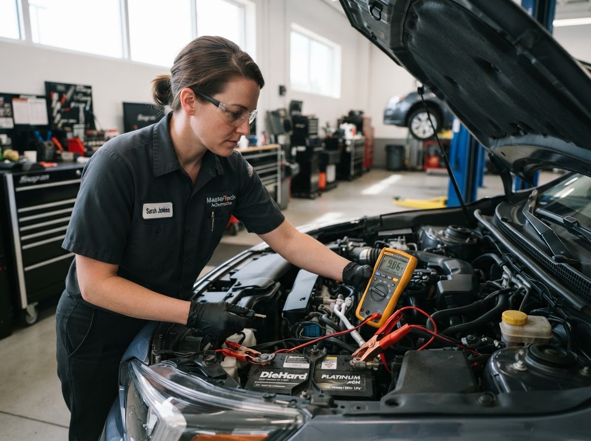 Mechanic diagnosing a slow cranking starter issue on a car in Temple City