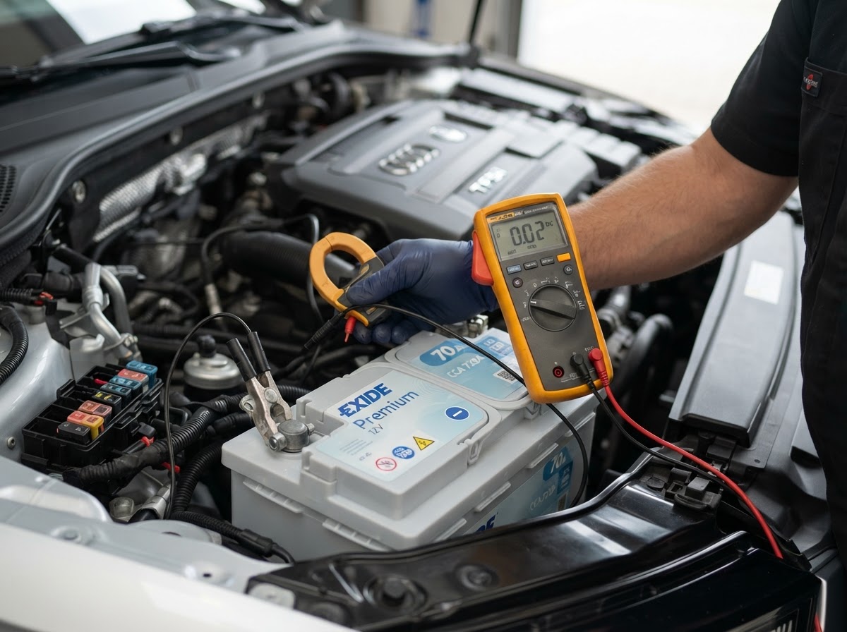 Mechanic measuring parasitic battery drain with a multimeter on a car battery in Temple City