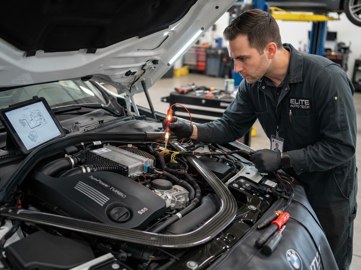 Mechanic tracing an electrical fault in a car engine bay with a test light in Temple City