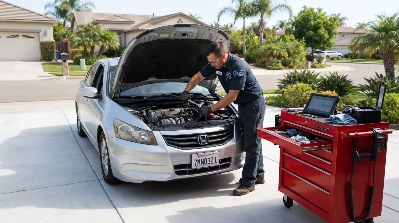 Mobile mechanic performing repair work on a car at a residential driveway in Temple City, California