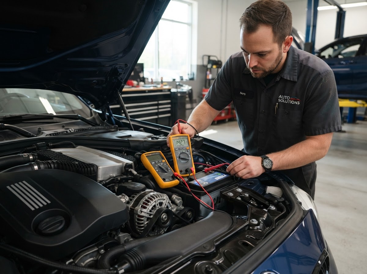 Mechanic testing alternator output with a multimeter on a running car engine in Temple City