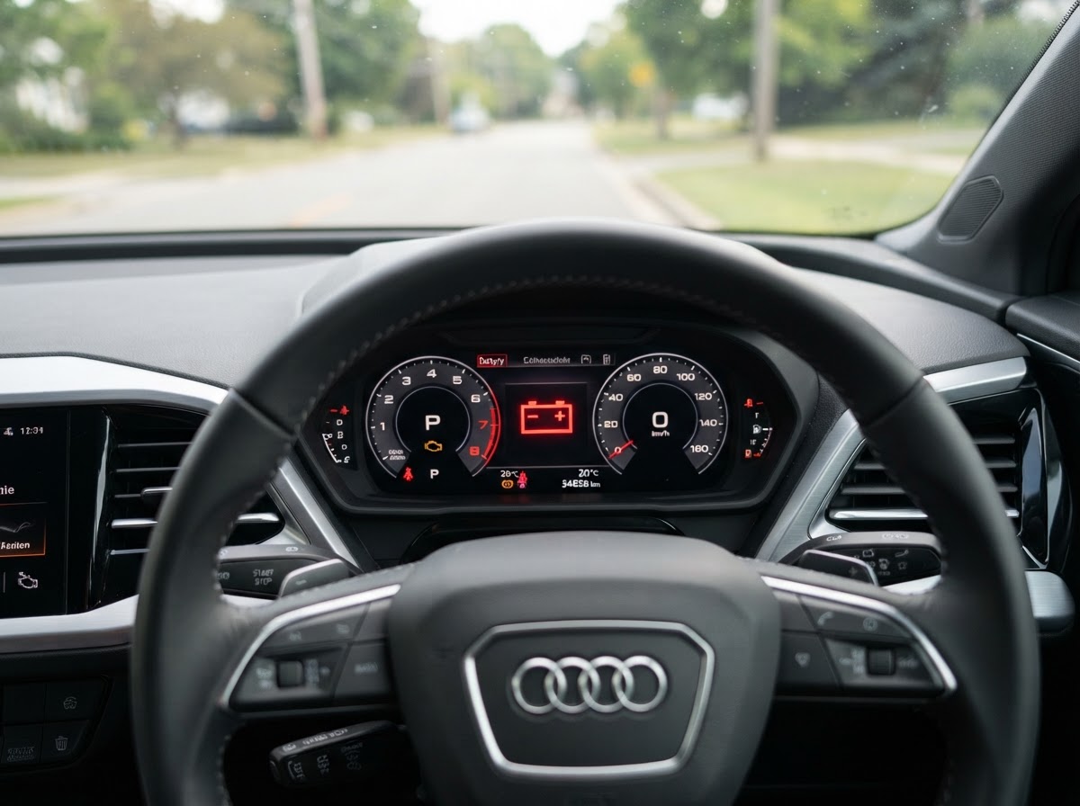 Battery charging warning light illuminated on a car dashboard in Temple City