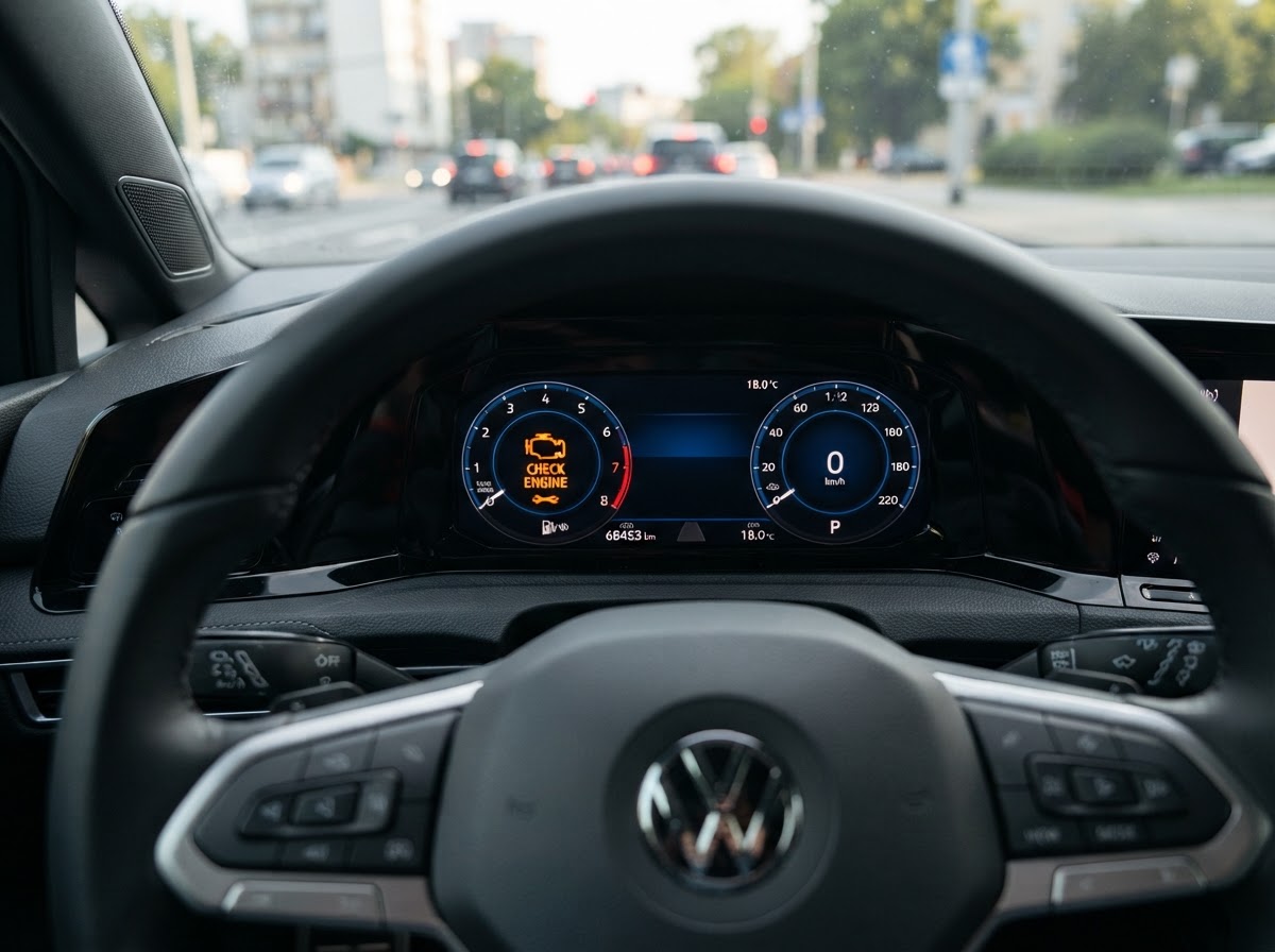Check engine warning light glowing on a car dashboard during a warning light investigation in Temple City