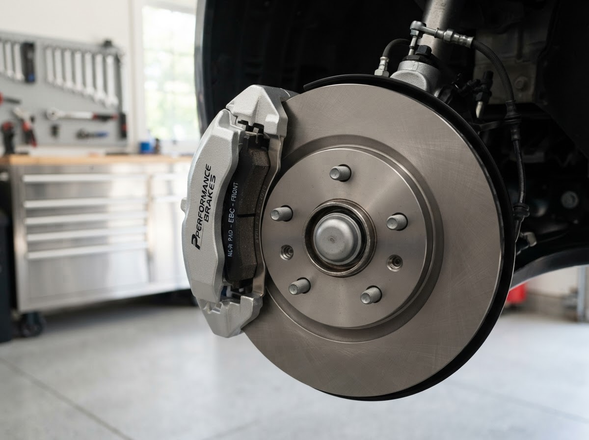 New front brake pads installed on a car wheel hub during mobile front brake service in Temple City