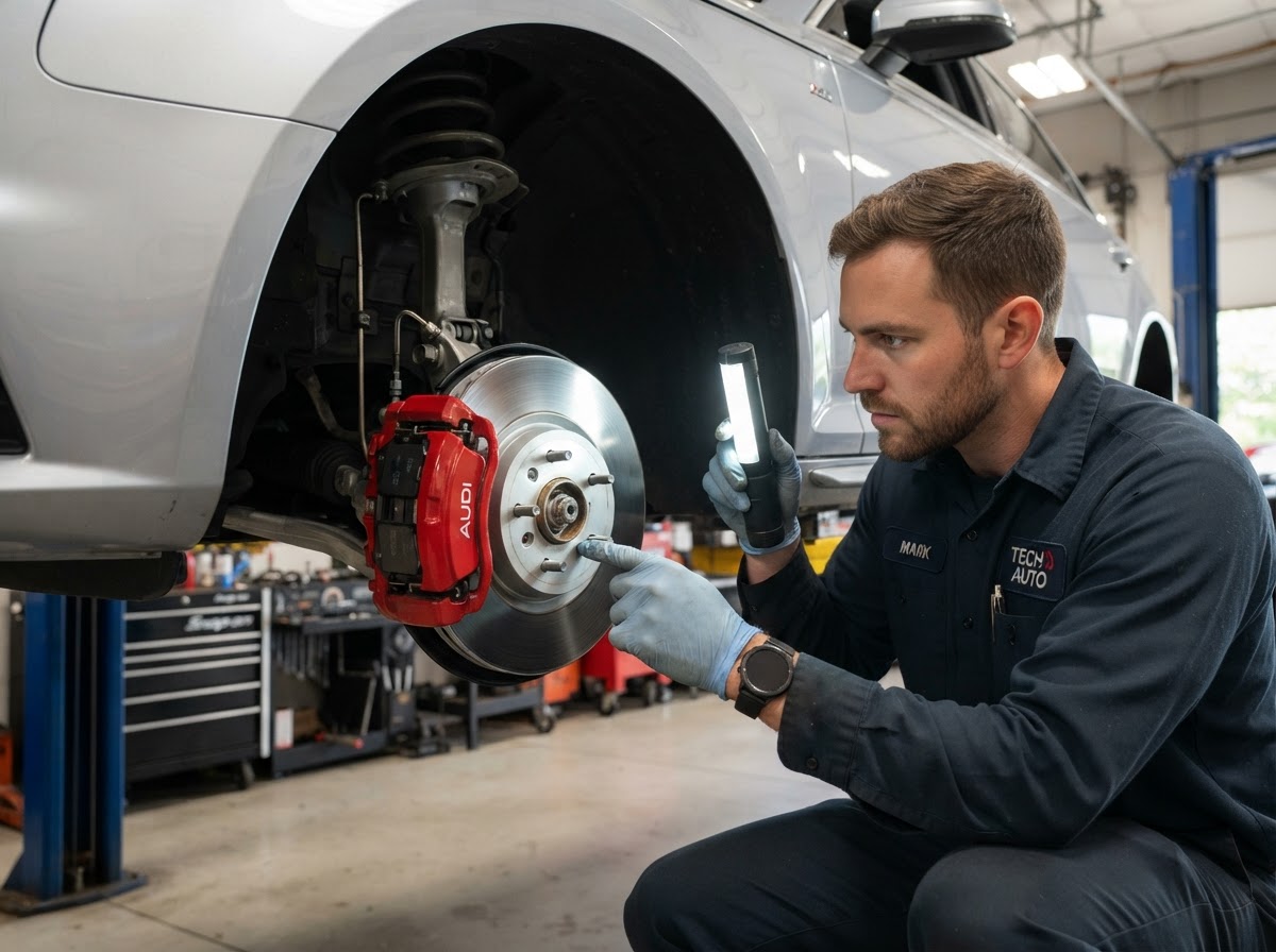 Mechanic inspecting brake caliper and pad components on a raised car in Temple City